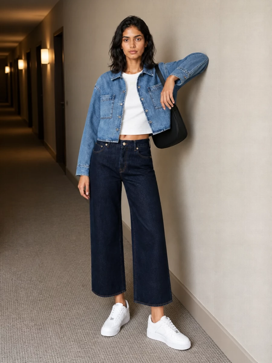 Alexander wang denim jacket wide leg jeans outfit