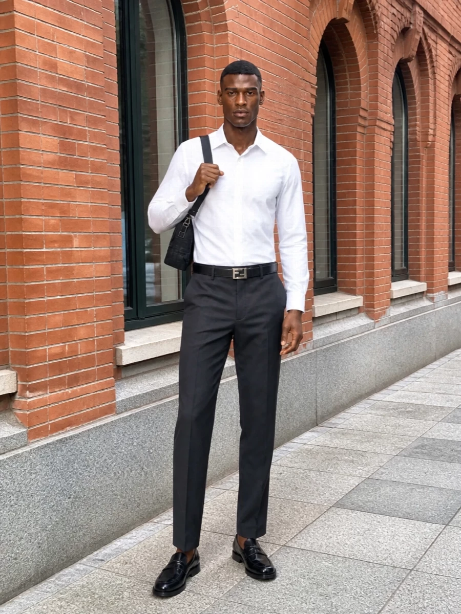 Fendi white shirt charcoal trousers loafers