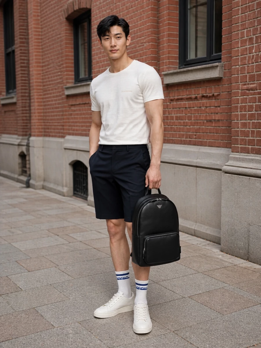 Paul shark tee navy shorts white sneakers