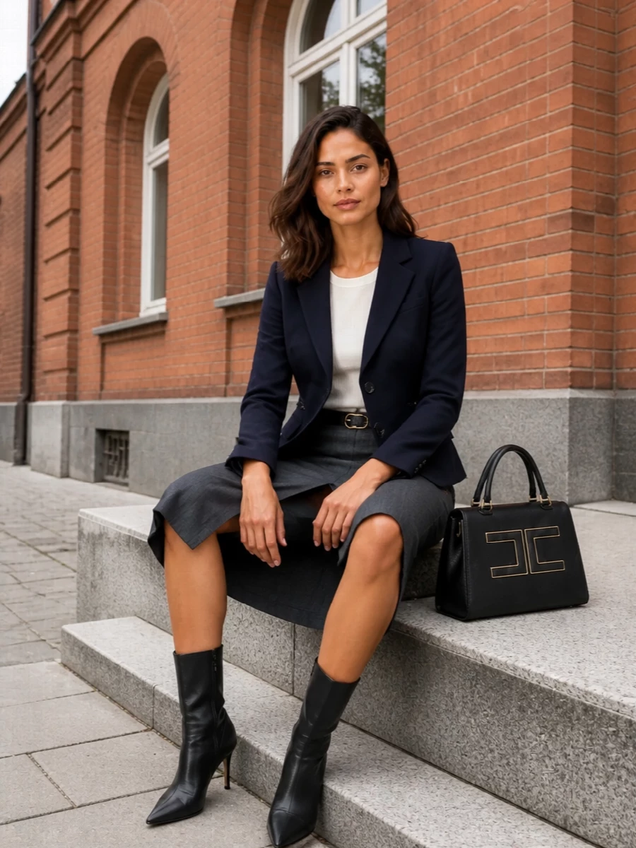 Slate blue and ink navy create a refined column of tailoring, with the sharply cut blazer echoing the skirt’s clean high waist and front slit. Black leather accessories and a slim gold-buckled belt ground the palette, adding just enough definition while keeping the focus on precise lines and a quietly confident, desk-to-dinner presence.