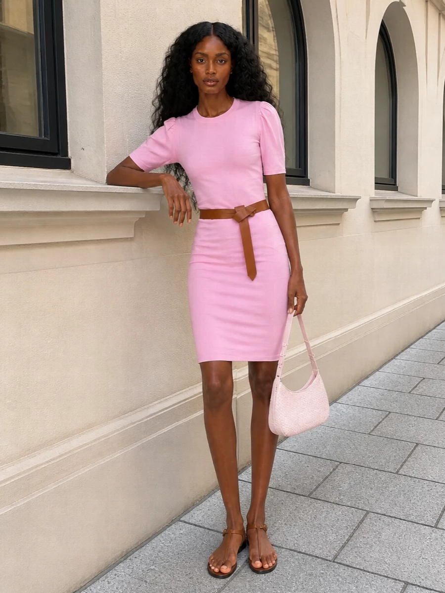Soft pink on pink keeps this outfit firmly in the romantic camp, with neutral leather and raffia textures adding a relaxed boho edge. The knotted belt and T-strap sandals lightly ground the feminine dress, creating an easy day ensemble that still feels considered. The chevron-textured shoulder bag finishes it with a subtle play of texture rather than extra color.