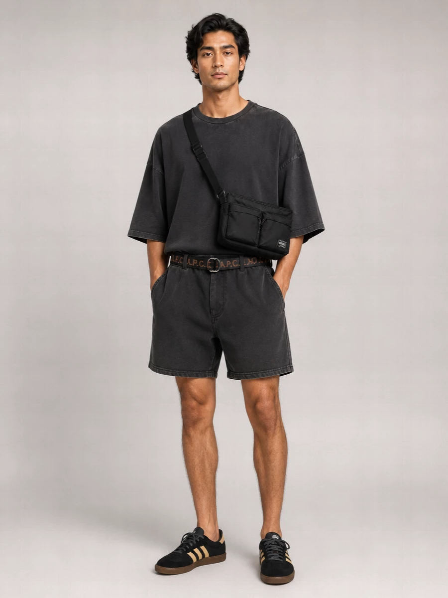 A washed charcoal tee with exaggerated volume sits over the faded black shorts, turning a simple jersey pair into a deliberate, slouched silhouette. Black terrace trainers and a compact Porter crossbody keep everything grounded and practical, while the webbing belt adds just enough structure and utility to feel styled rather than thrown on.