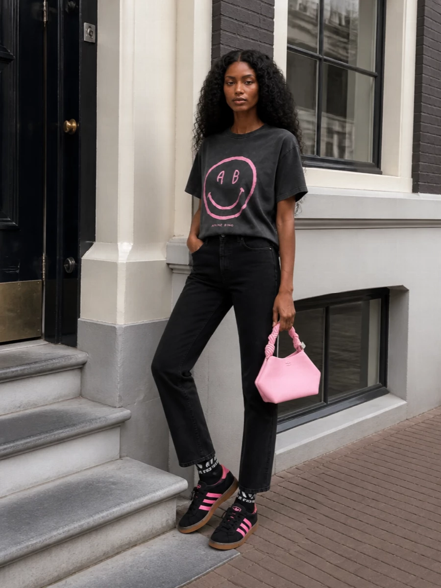 Anine bing smiley tee black jeans adidas sneakers