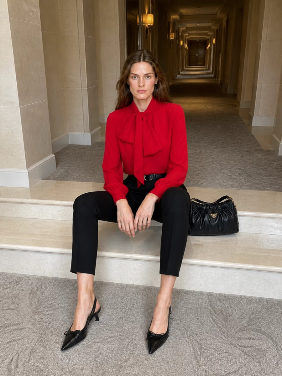 Prada red bow blouse black tailored trousers
