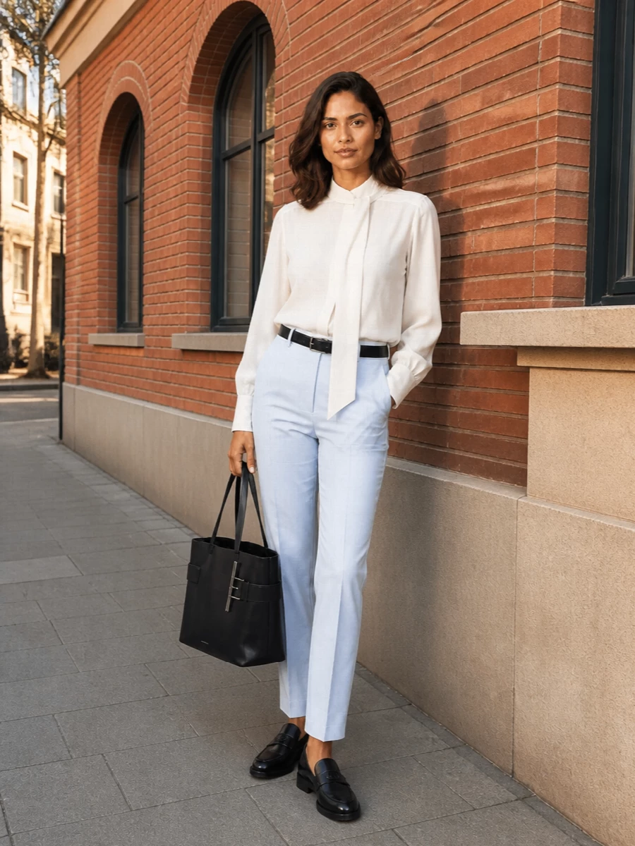 Alexander mcqueen ice blue trousers ivory blouse