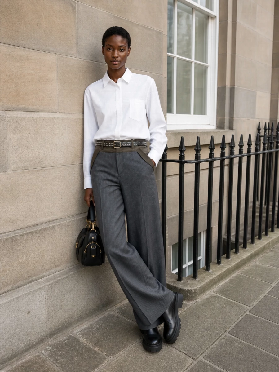 Sacai pinstripe trousers white shirt chelsea boots