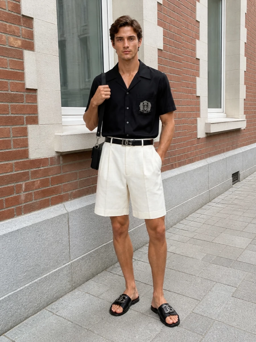 Dolce&Gabbana’s crested camp-collar shirt is paired with high-rise ivory tailored shorts for a monochrome twist that feels coastal yet precise. Black leather slides and a structured shoulder bag keep the palette disciplined while leaning into relaxed evening ease. A slim silver-buckled belt quietly pulls the hardware story together without diluting the shirt’s focal point.