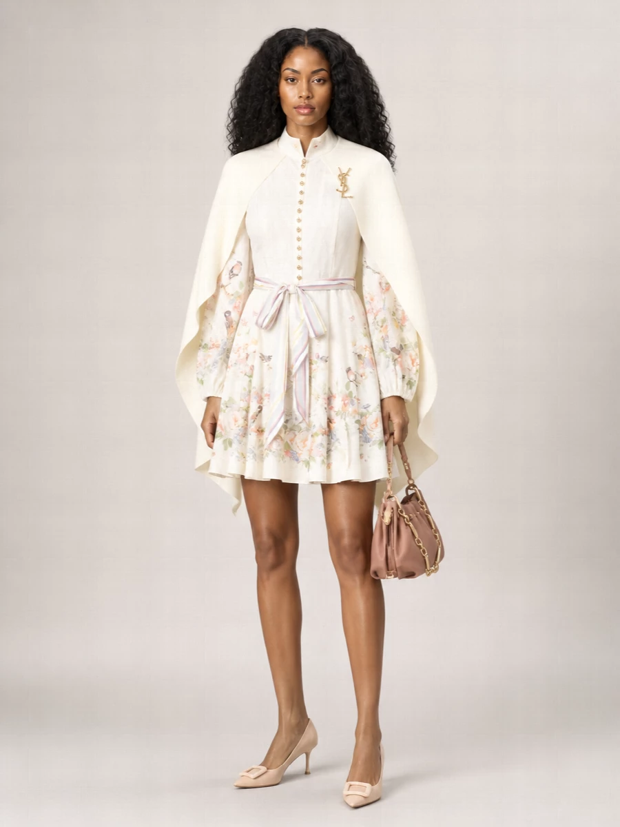 Zimmermann Linen Floral-Print High-Neck Long-Sleeve Mini Dress