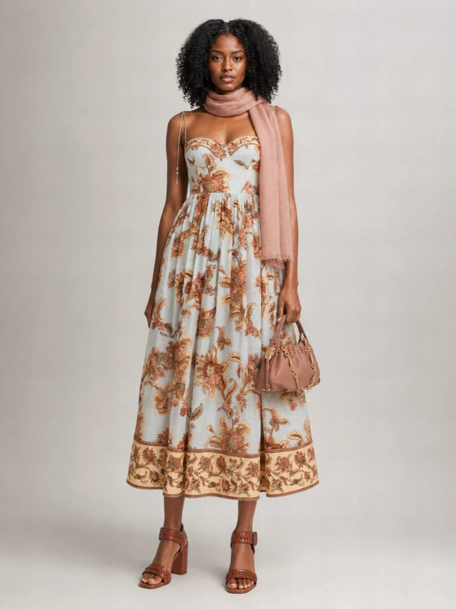 Zimmermann Cotton Floral-Print Sweetheart-Neck Corset Midi Dress