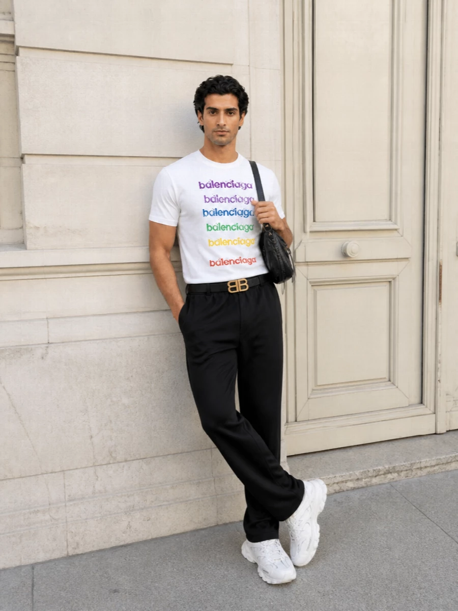Balenciaga rainbow logo tee black track pants