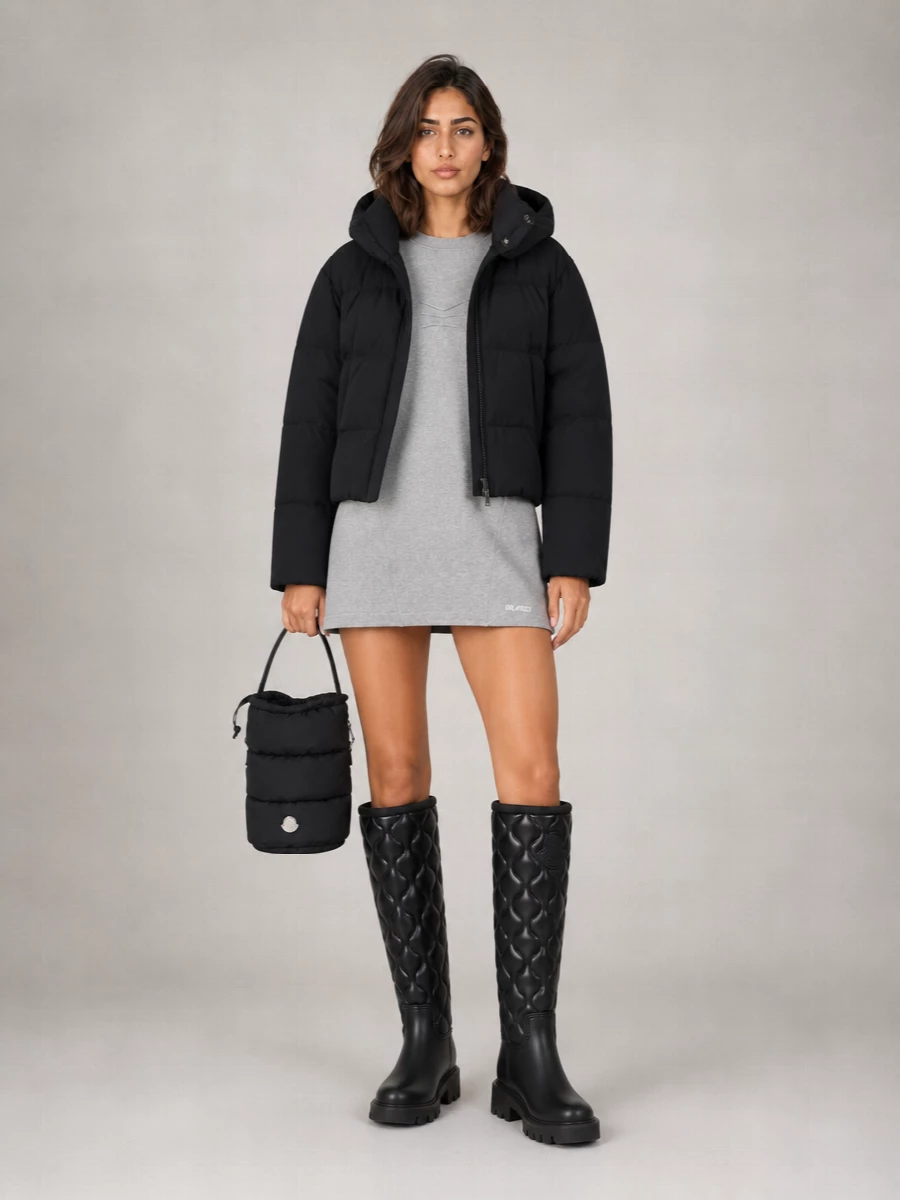 I’m anchoring this around the dress rather than top and bottom, because the sweatshirt mini has the same relaxed sport energy as the cropped Woolrich puffer and avoids over-complicating the silhouette with multiple quilted layers. The heather-grey dress softens the all-black shell pieces, while the Moncler quilted boots and padded bucket bag quietly reinforce the technical, urban-cold-weather story. It feels like a sharp city winter uniform that balances comfort, function and a very modern, puffer-centric texture play.