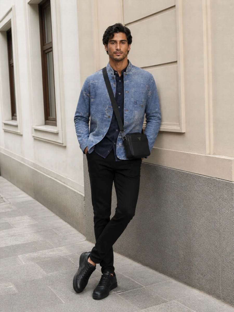 Emporio armani denim jacket black jeans outfit