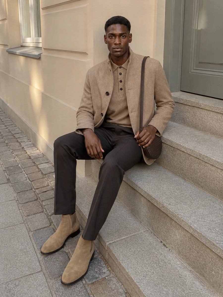 Zegna camel coat tailored trousers suede boots