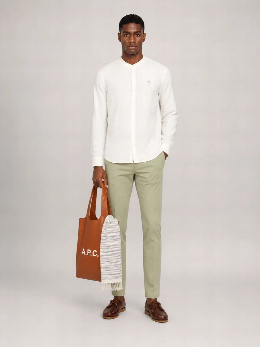 Timberland Linen Cotton Long-Sleeve Mandarin-Collar Shirt