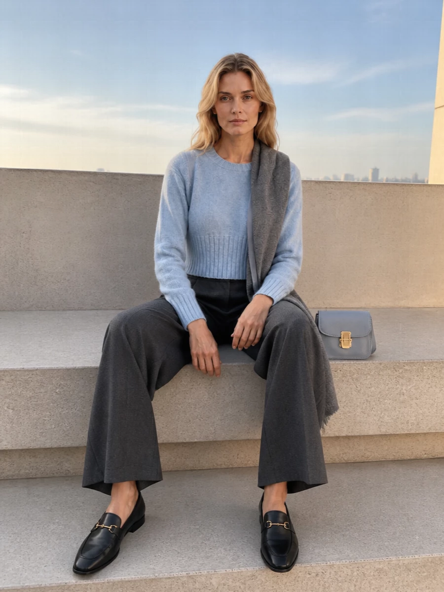 Loulou studio blue sweater charcoal wide leg trousers