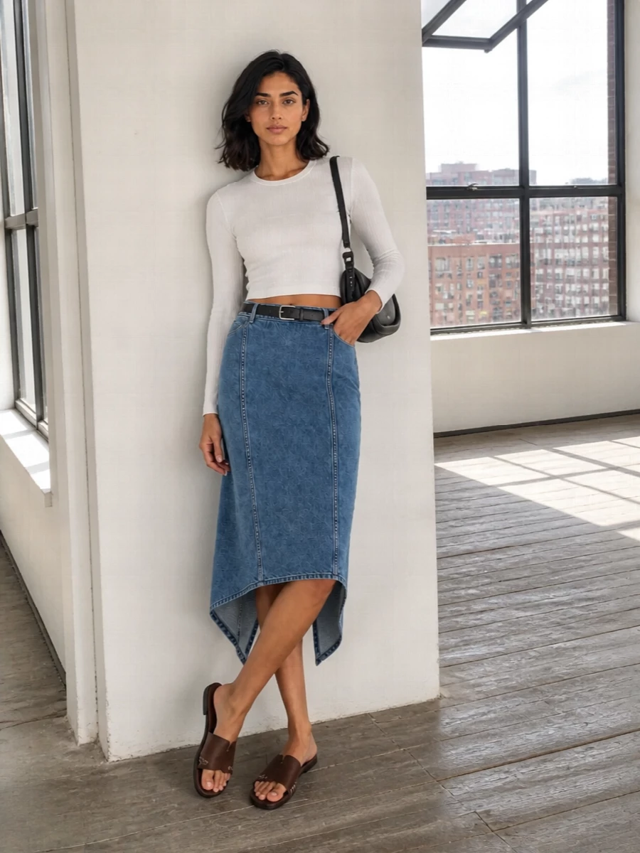 Jw anderson denim skirt white crop top outfit