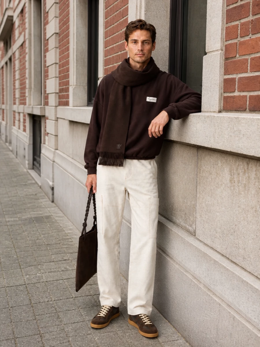 Jacquemus brown sweatshirt cream cargo trousers