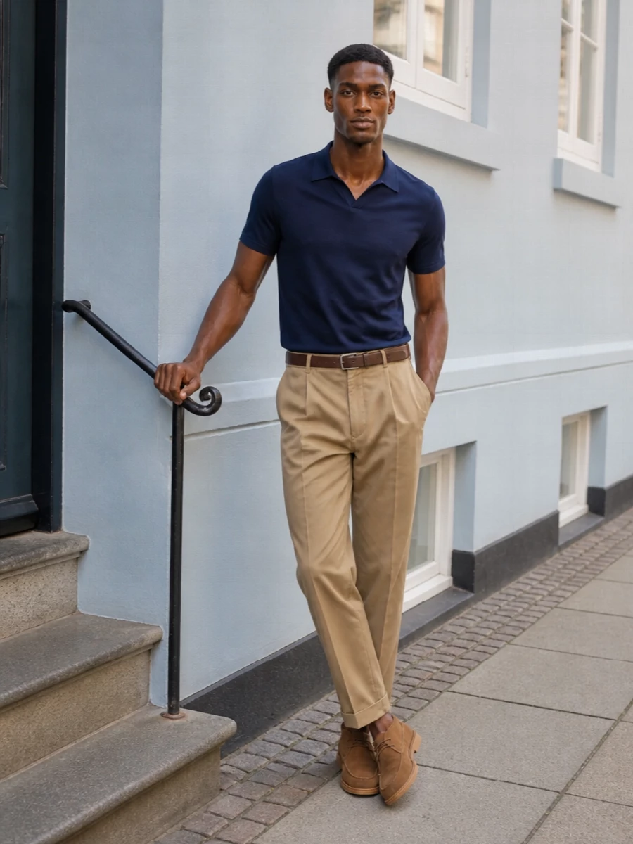 Dondup khaki chinos navy polo suede chukkas