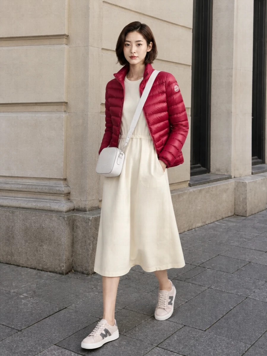 This look pairs Moncler’s glossy raspberry puffer with a softly structured ivory drawstring-waist midi dress for a modern, alpine-meets-city take on sport-luxe. Blush-accent low-top sneakers and a compact soft-white crossbody keep the palette airy and cohesive, letting the jacket be the statement while the rest of the outfit reads quietly luxurious and effortlessly off-duty. Choosing the dress route avoids over-layering separates, giving a cleaner silhouette and a more elevated, easy SS uniform.