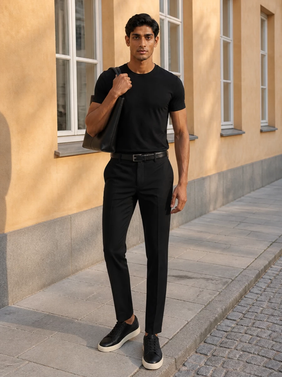 A black Tom Ford tee and slim black tailored trousers create a seamless monochrome column that feels precise without trying too hard. Streamlined black leather sneakers keep it modern and relaxed, while the structured tote and subtle belt sharpen the finish for city days when you want polish with zero fuss.