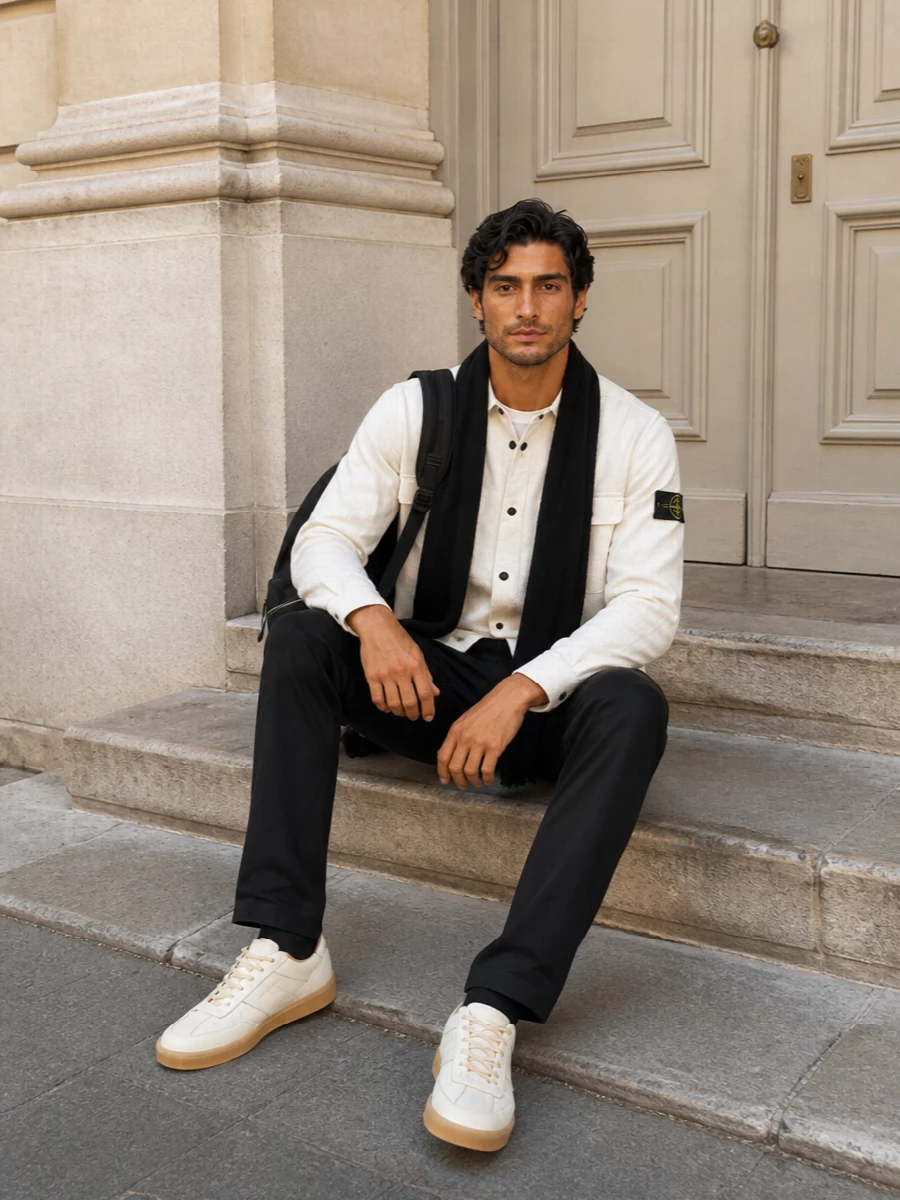 Off-white up top and clean black through the legs create a crisp Stone Island uniform that feels technical but unfussy. The neutral court sneaker in off-white and gum keeps the mood grounded and modern, while the nylon backpack and soft black scarf add just enough function and texture for colder city days.