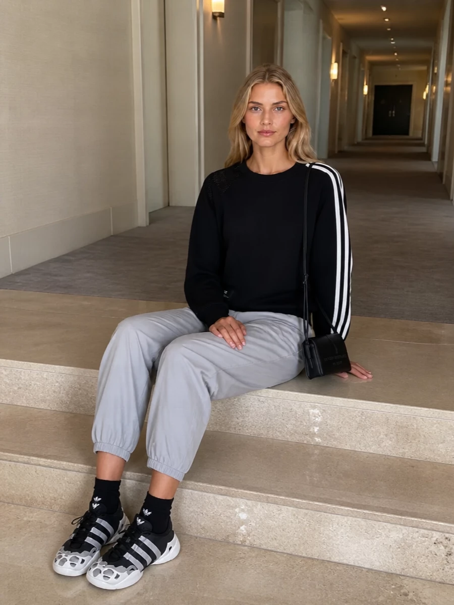 A black Y-3 sweatshirt sits against light-grey Alexander Wang joggers for a monochrome take on sport that feels deliberate, not lazy. Matching Y-3 sneakers and a slim black shoulder bag keep the lines sleek and city-ready, while subtle logo socks are the only quiet detail peeking through. It is an off-duty uniform that moves easily from errands to travel days without losing its graphic edge.