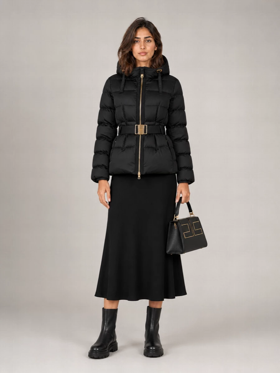 Elisabetta Franchi Quilted Hooded Belted Coat