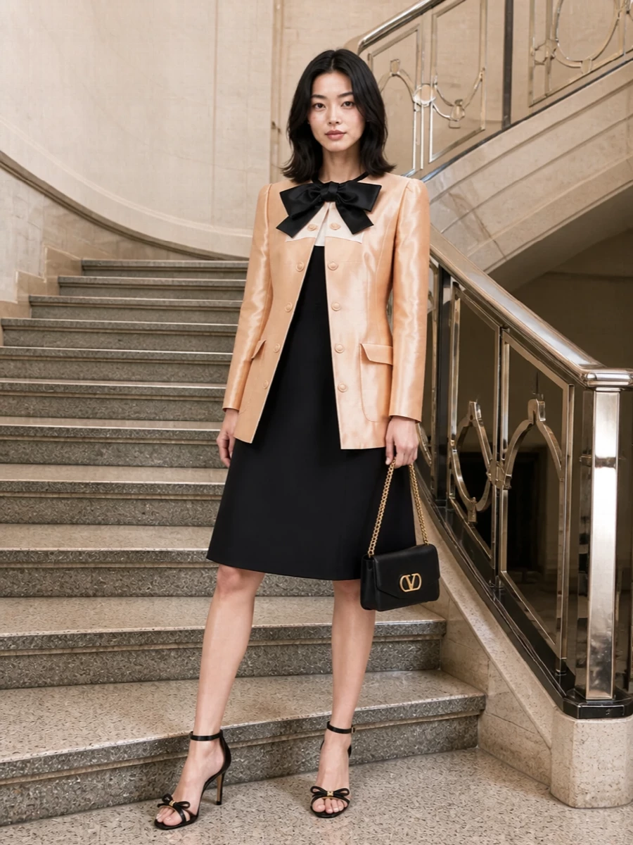 Valentino bow blazer black cocktail dress outfit