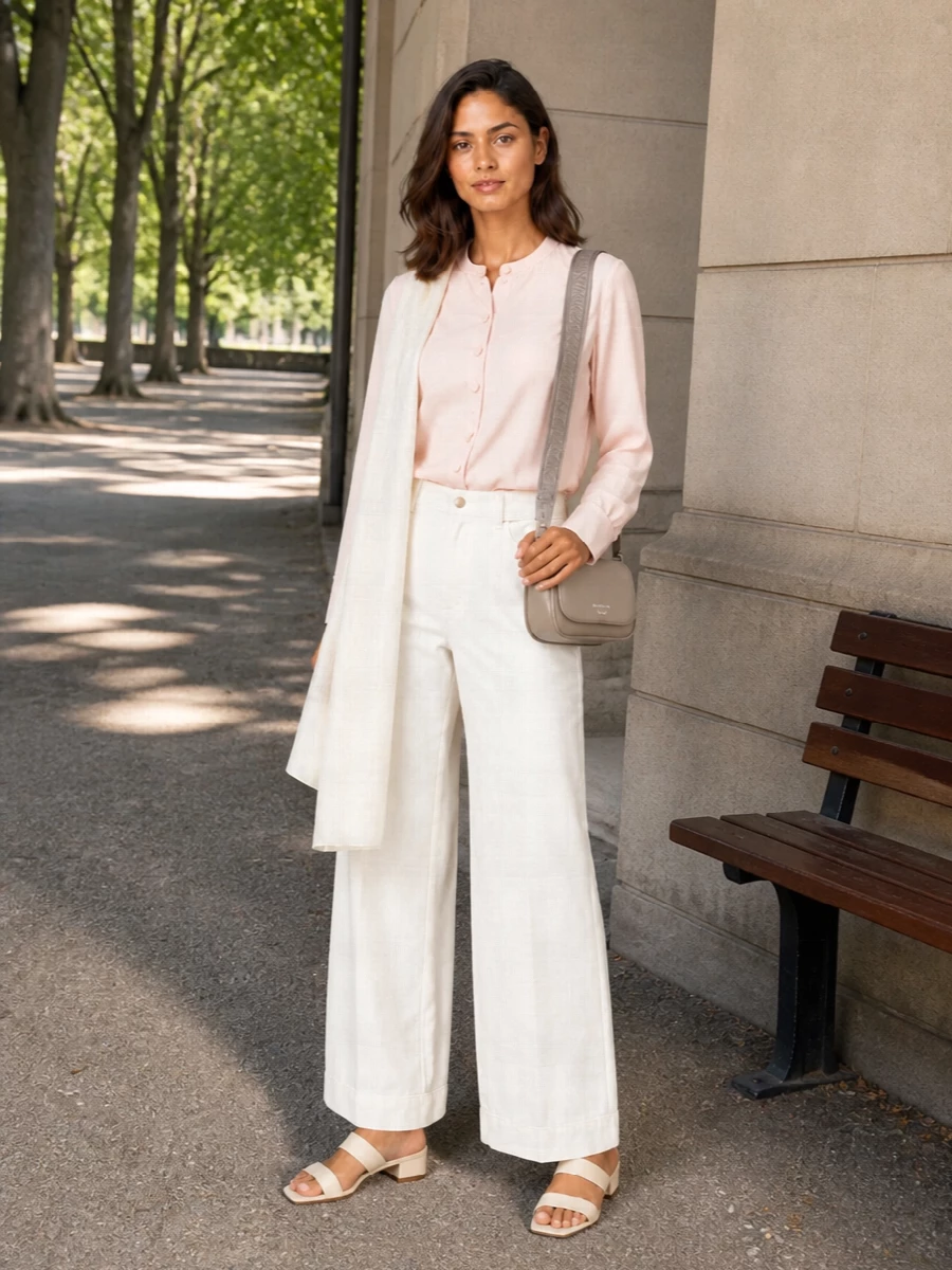 Emporio armani ivory wide leg trousers outfit