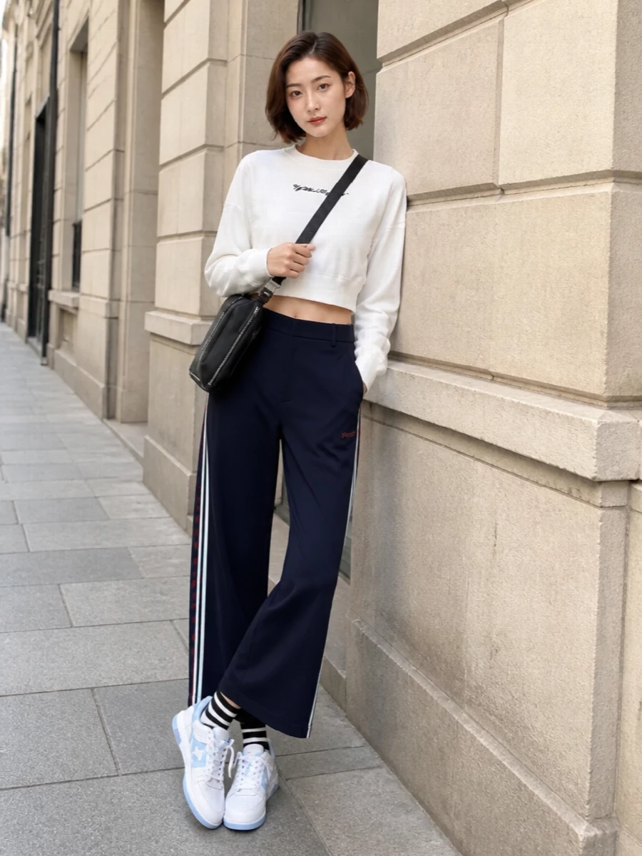 Off white sweatshirt wide leg pants street style