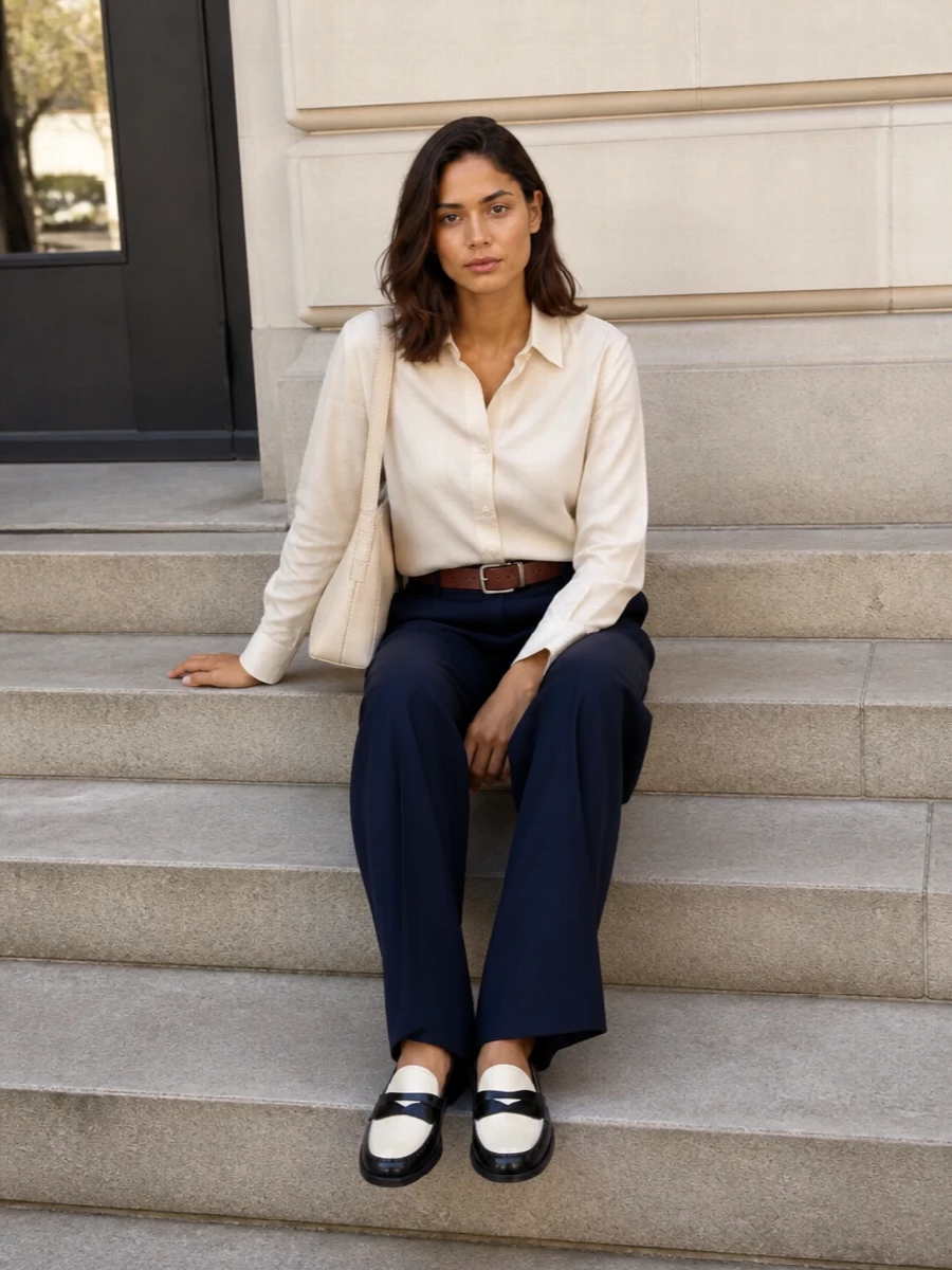 Woolrich navy wide leg trousers ivory shirt
