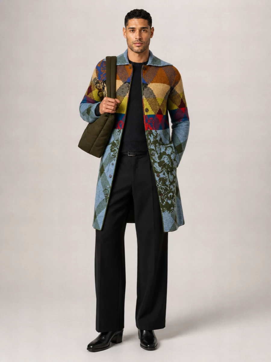 Dries Van Noten Wool Oversized Knee-Length Shawl Collar Cardigan