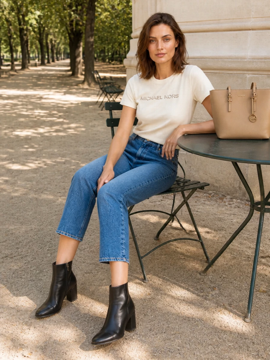 Michael kors cream logo tee jeans black boots