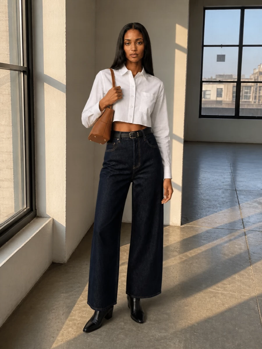 Self portrait wide leg jeans coperni cropped shirt