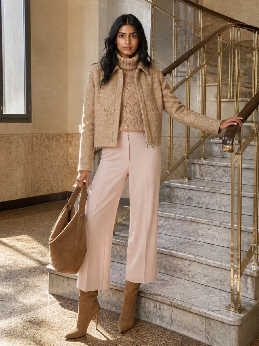 Kiton camel coat wide leg trousers knee boots