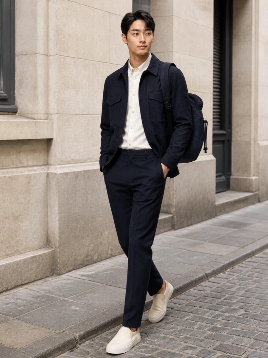 This look builds a refined, monochrome-leaning SS city uniform around the navy Moncler shirt jacket, grounding it with tailored deep‑navy trousers and a crisp off‑white technical shirt beneath. Cream slip‑on sneakers and a matching navy technical backpack keep the mood elevated off-duty and quietly luxurious, balancing utility details with a clean, modern silhouette.