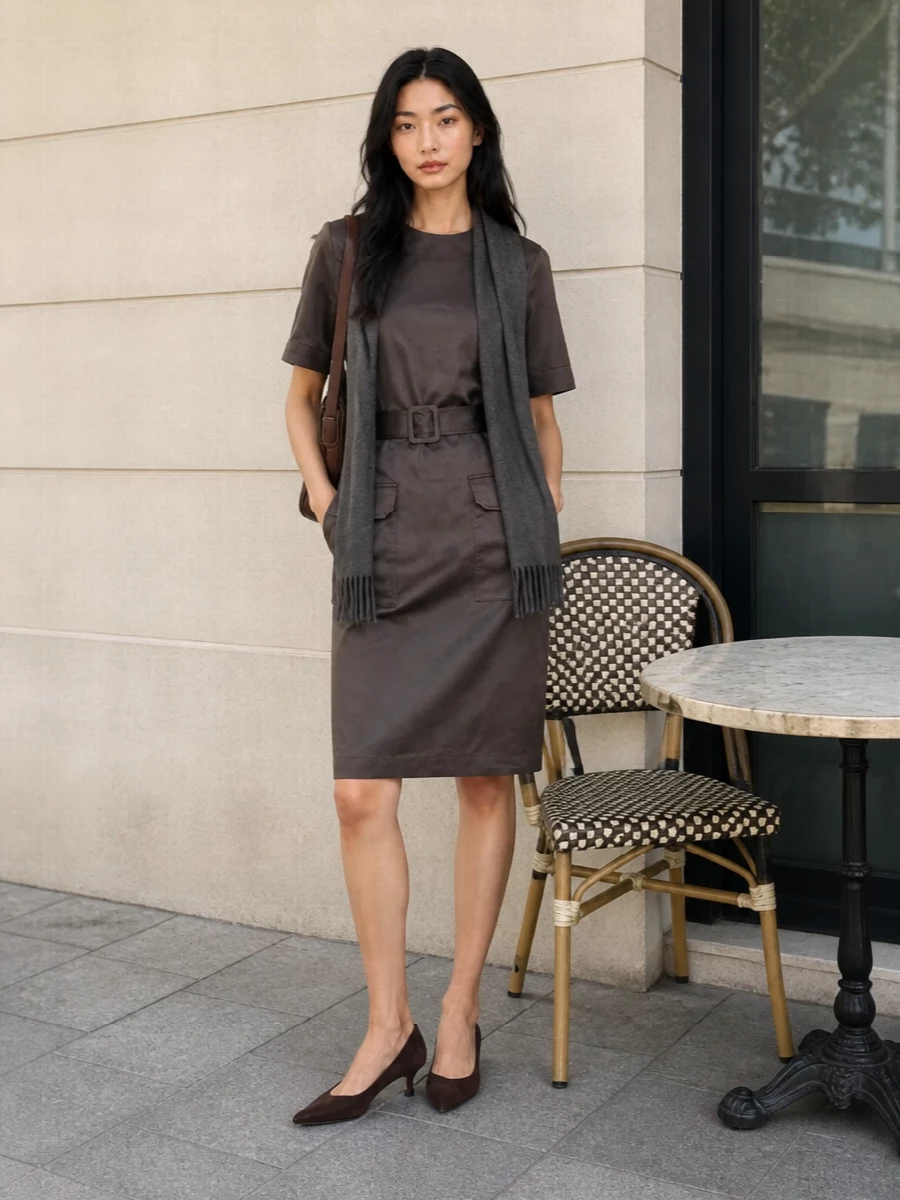 Charcoal satin with a cinched waist meets deep chocolate suede and leather for a grounded, tonal take on office-to-dinner dressing. The low, pointed heel keeps the line sharp yet walkable, while the curved shoulder bag and soft scarf introduce quiet structure and texture around the utility pockets and belt.