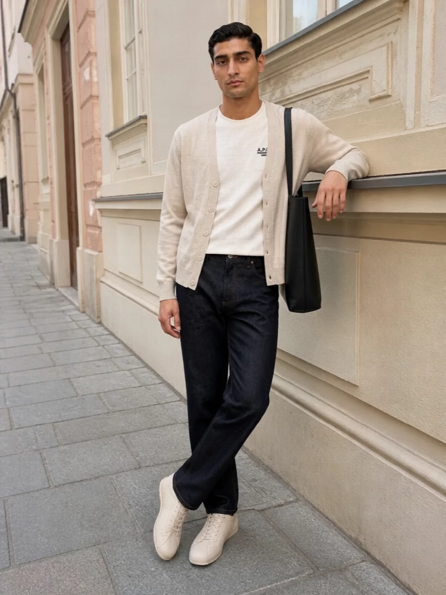 Apc cardigan dark jeans ami cream sneakers