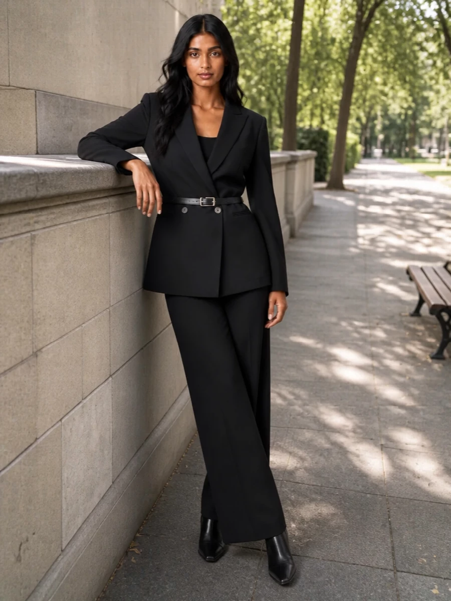 Max mara black wide leg trousers blazer outfit