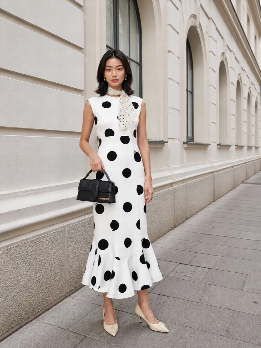 Jacquemus polka dot midi dress black mini bag