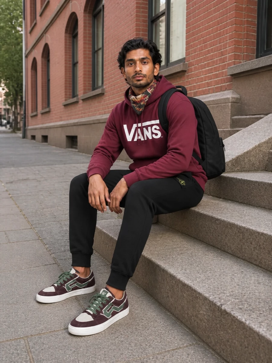 Vans burgundy hoodie stone island joggers outfit