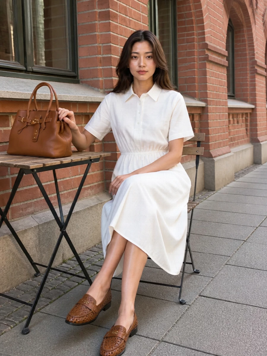Prada white shirt dress miu miu cognac loafers