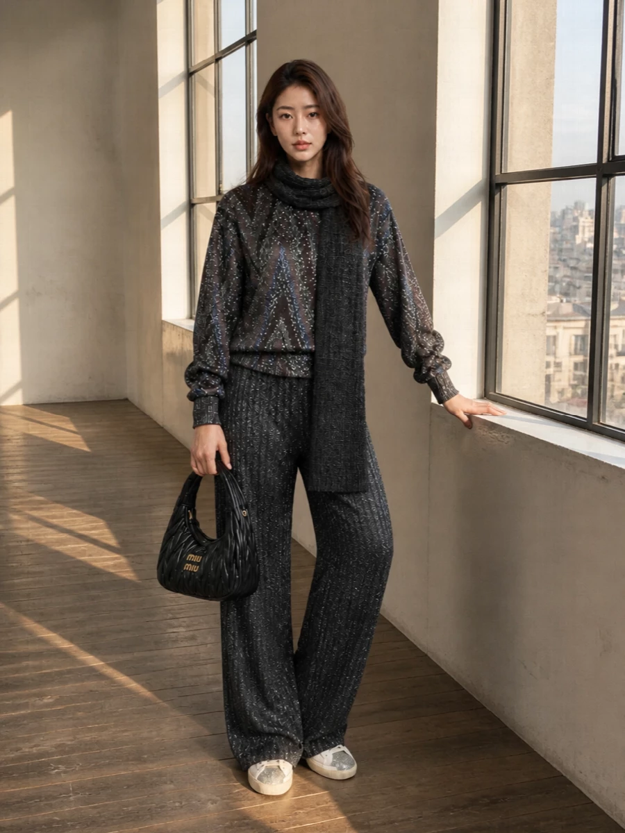 Missoni sequin sweatshirt charcoal knit pants outfit