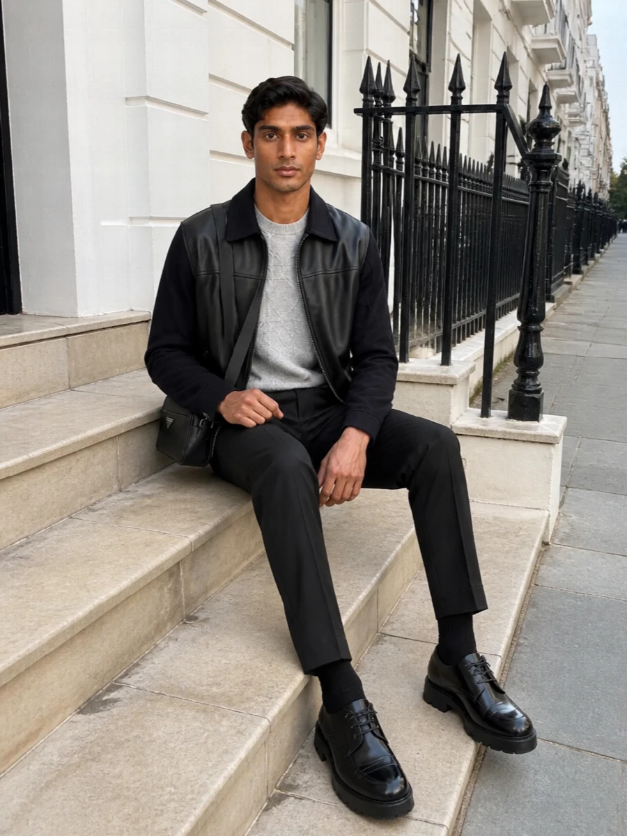 Dior leather jacket charcoal trousers outfit