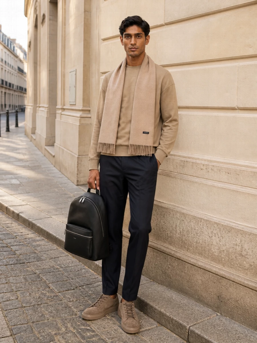 Boss camel sweatshirt navy trousers taupe sneakers