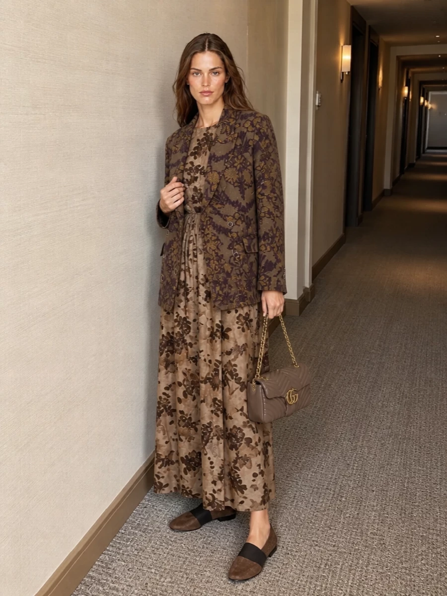Uma wang floral coat dress outfit warm taupe