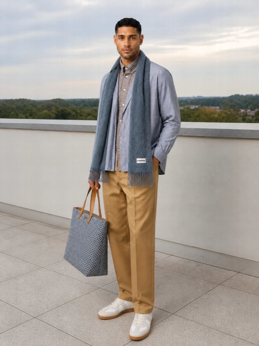 Maison margiela layered shirt camel trousers outfit