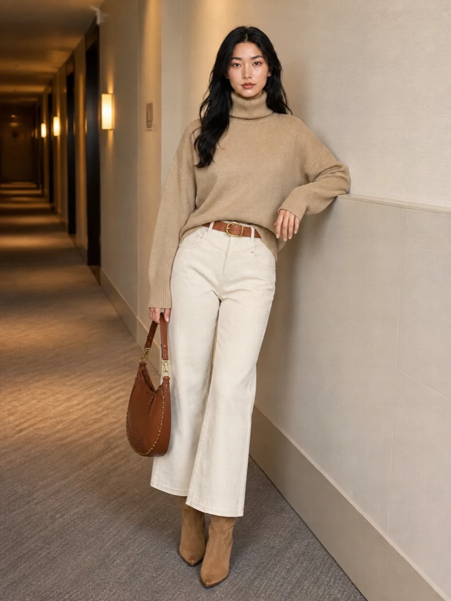 Soft ivory wide-legs meet a cropped camel turtleneck for a long, relaxed column of warm neutrals. Camel suede knee boots and a cognac crescent bag add Paris-meets-Western character, while a tan belt quietly defines the high-rise waist. The result is an easy, polished outfit that moves from coffee runs to casual dinners without ever feeling overdone.