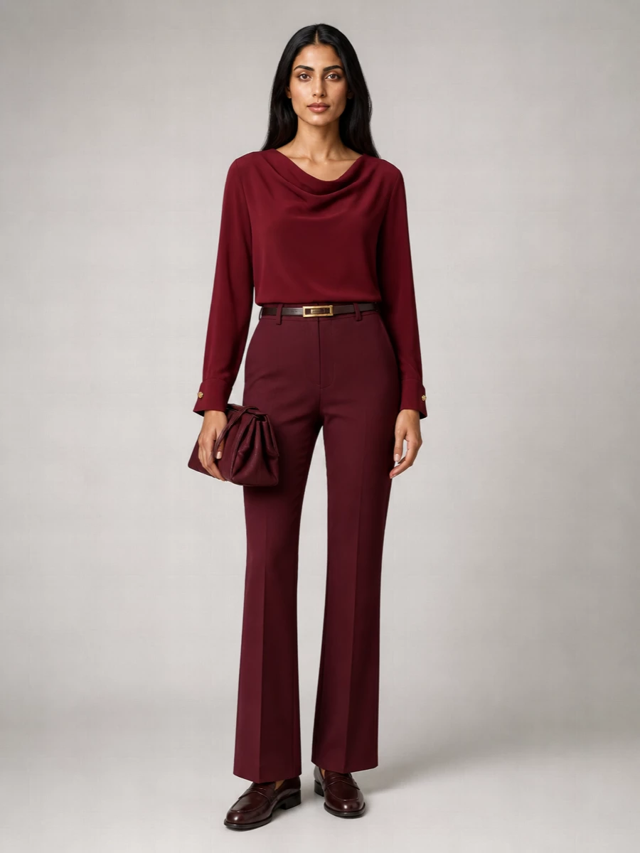 Deep burgundy runs through every element, so the tailored flare, fluid blouse and matching belt read as one elongated, quietly luxurious column. Classic penny loafers keep the mood polished yet grounded, while the sculptural clutch introduces just enough texture for evenings without disturbing the minimalist line.