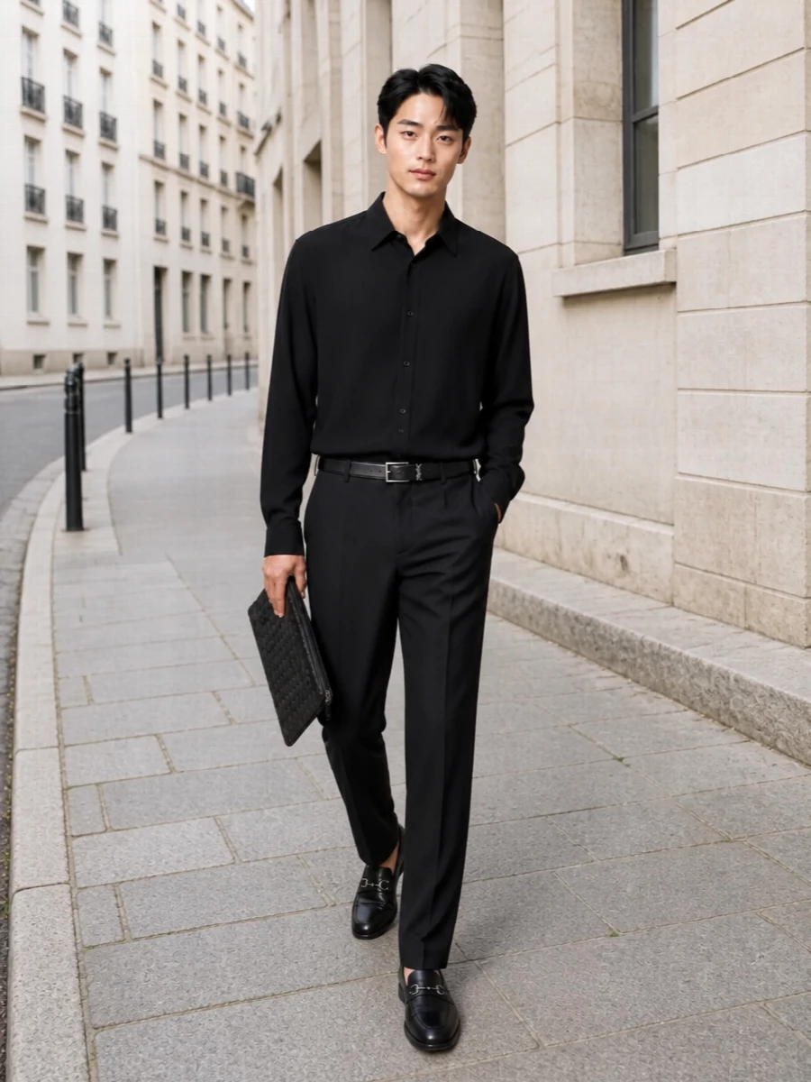 Gucci black trousers shirt monochrome outfit